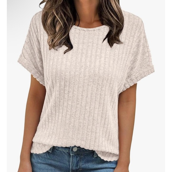 Automet Tops - NWT Automet Women's Beige Ribbed Knit Short Sleeve Tunic Top XL‎